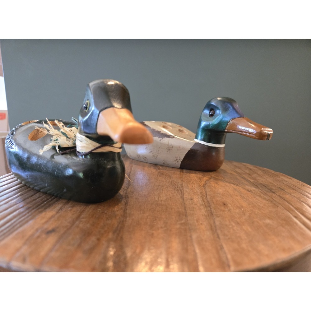 Paul Desmarais Signed Hand Carved Wooden Ducks Pair Quebec Folk Art Sculpture
